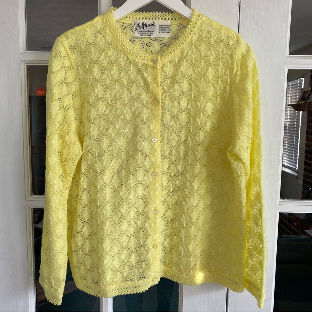 Vintage John Wanamaker Cardigan Sweater Yellow Large Medium Fancy Grandmacore